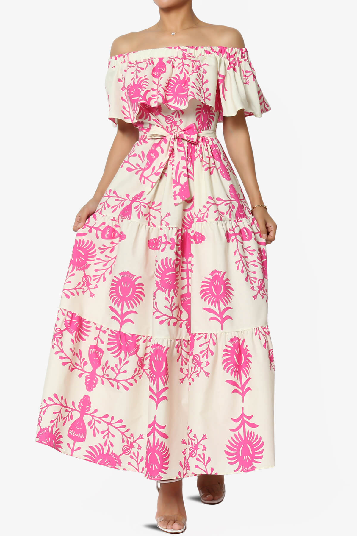 Load image into Gallery viewer, Kenny Ruffle Off Shoulder Floral Woven Long Dress PINK_1

