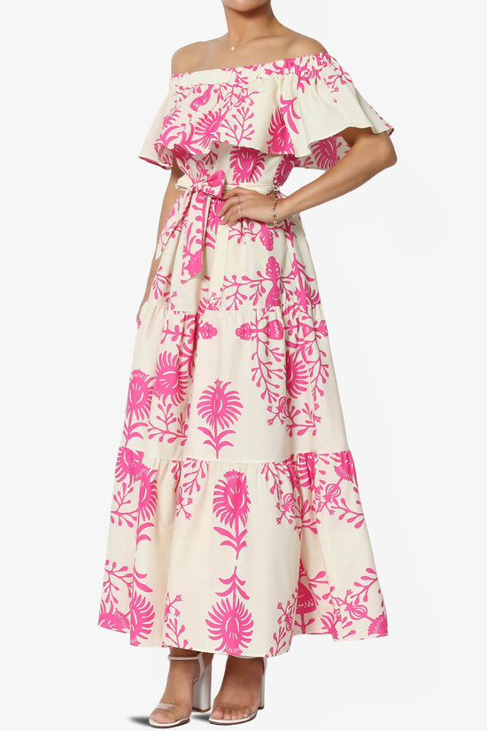 Kenny Ruffle Off Shoulder Floral Woven Long Dress PINK_3
