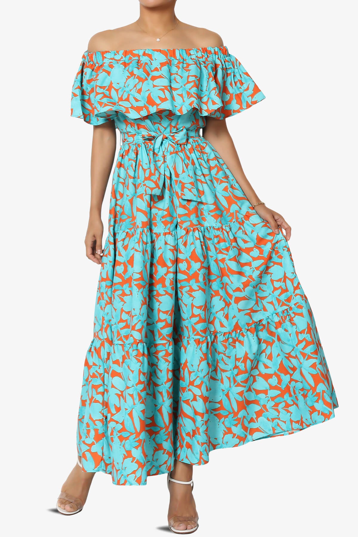 Kenny Ruffle Off Shoulder Floral Woven Long Dress TURQUOISE_1