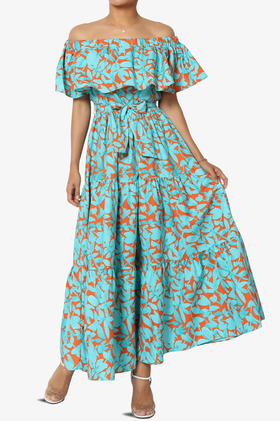 Kenny Ruffle Off Shoulder Floral Woven Long Dress TURQUOISE_1