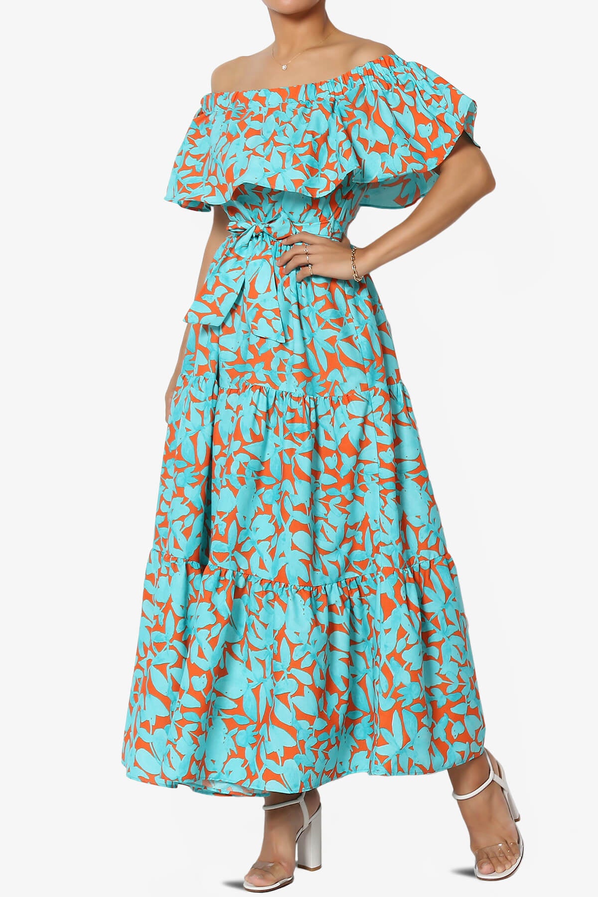 Kenny Ruffle Off Shoulder Floral Woven Long Dress TURQUOISE_3