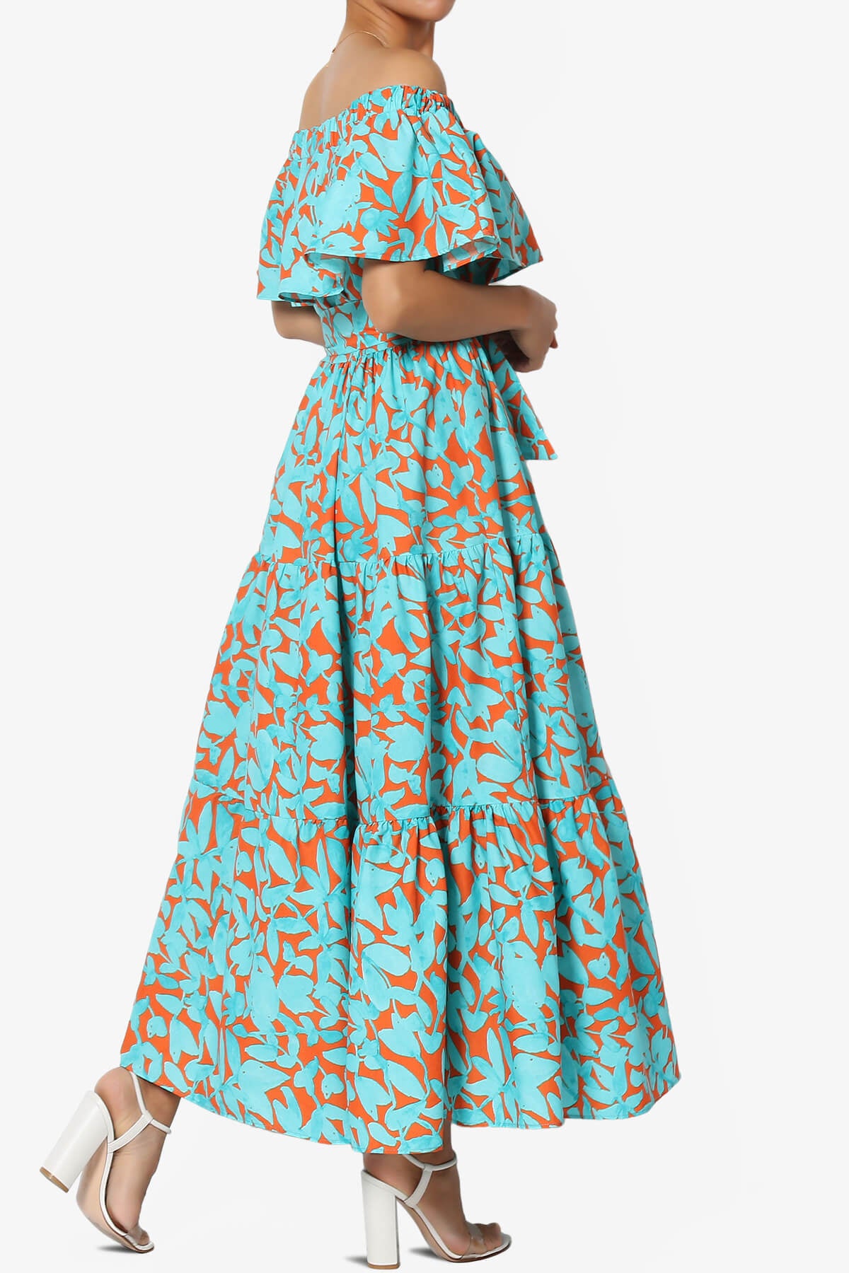 Kenny Ruffle Off Shoulder Floral Woven Long Dress TURQUOISE_4