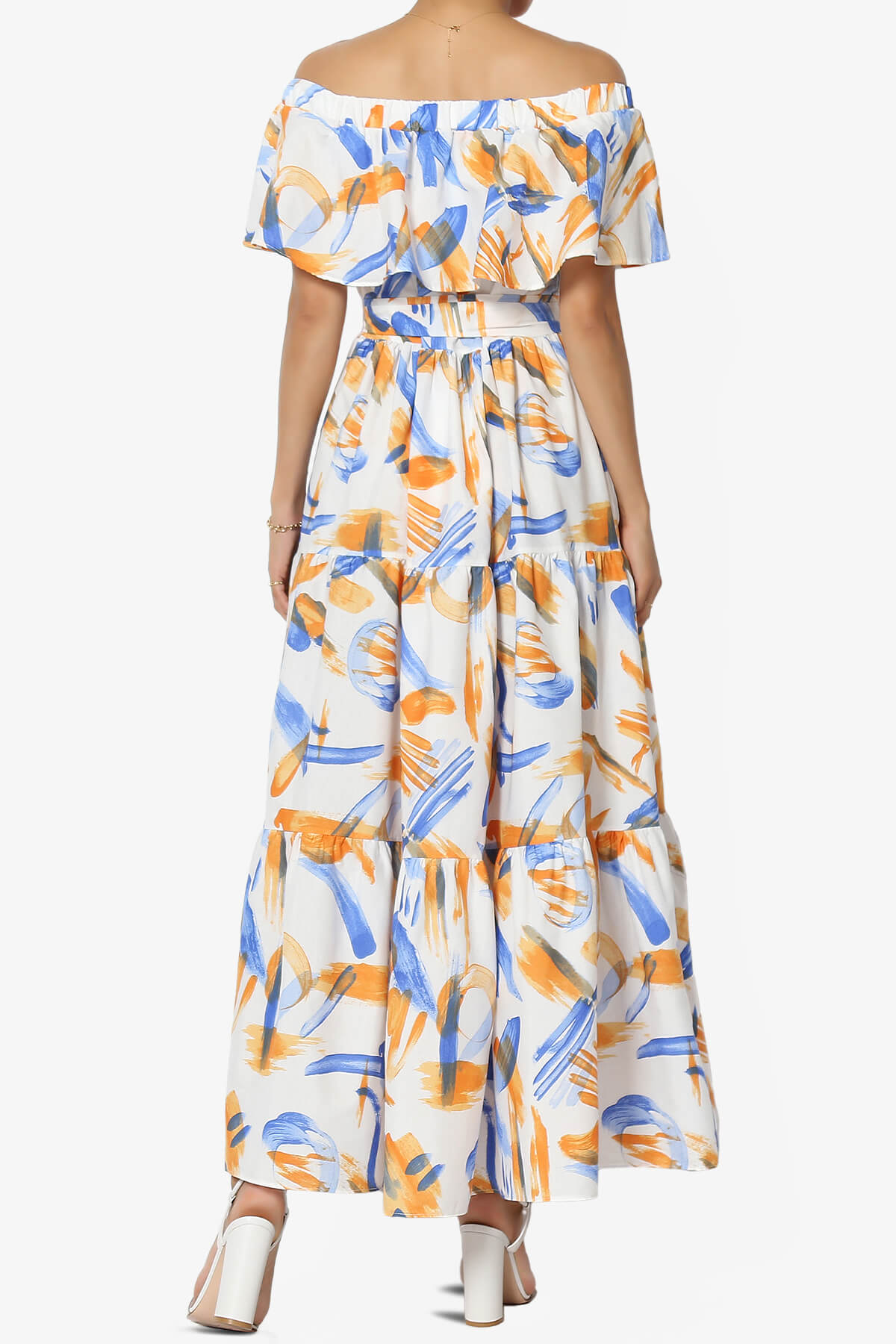 Load image into Gallery viewer, Kenny Ruffle Off Shoulder Printed Woven Long Dress BLUE_2
