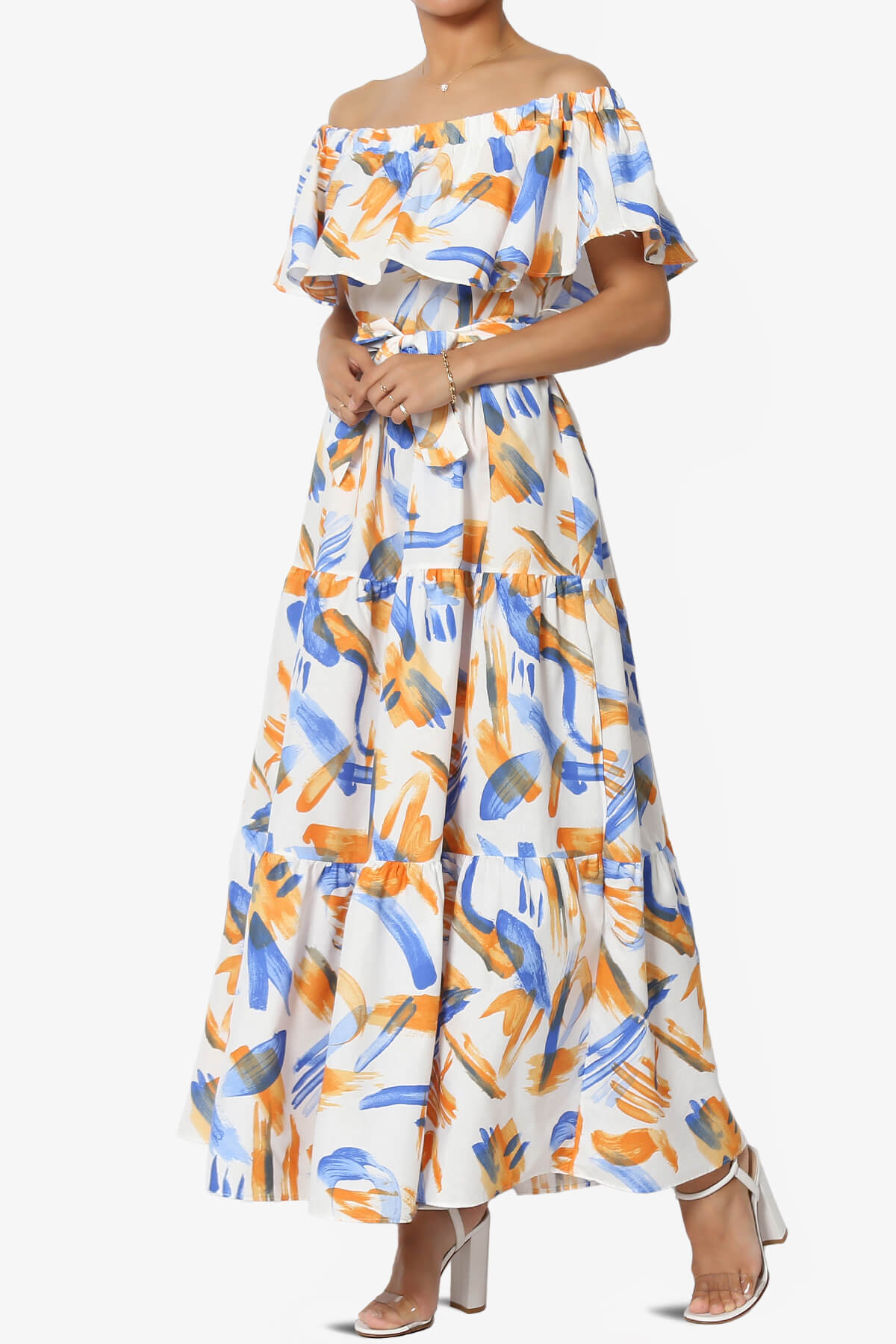 Load image into Gallery viewer, Kenny Ruffle Off Shoulder Printed Woven Long Dress BLUE_3
