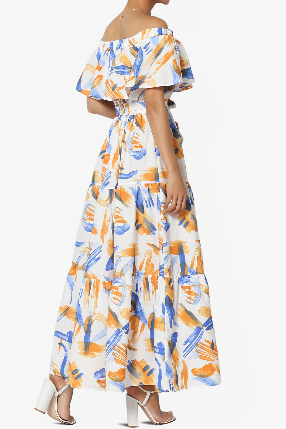 Load image into Gallery viewer, Kenny Ruffle Off Shoulder Printed Woven Long Dress BLUE_4
