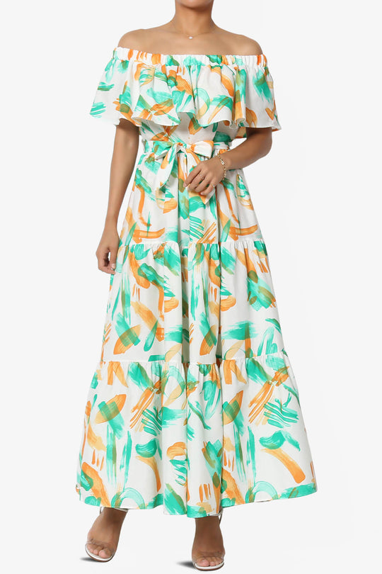 Kenny Ruffle Off Shoulder Printed Woven Long Dress