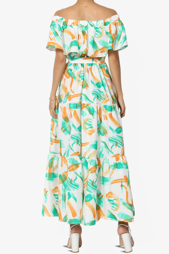 Load image into Gallery viewer, Kenny Ruffle Off Shoulder Printed Woven Long Dress GREEN_2
