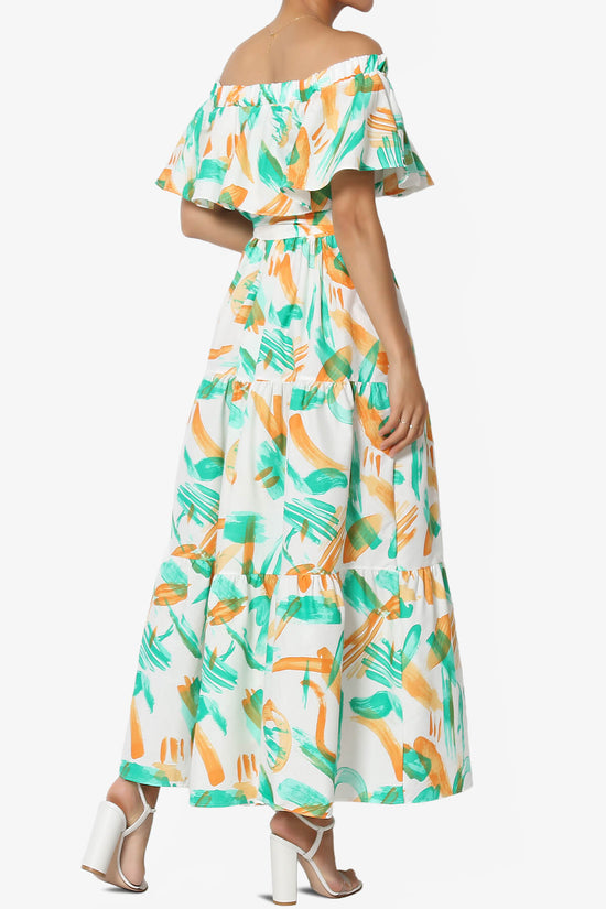 Load image into Gallery viewer, Kenny Ruffle Off Shoulder Printed Woven Long Dress GREEN_4
