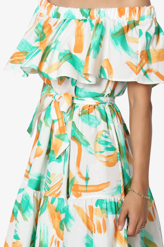 Load image into Gallery viewer, Kenny Ruffle Off Shoulder Printed Woven Long Dress GREEN_5
