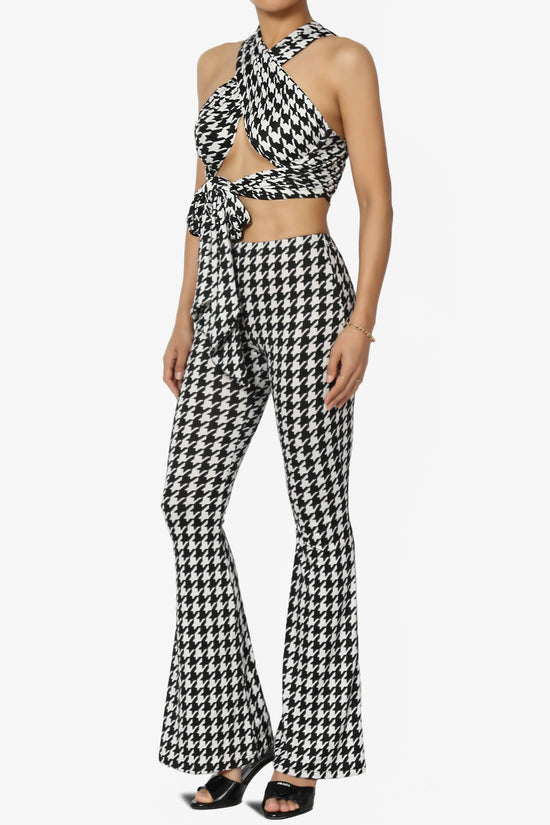 Keva Houndstooth Wrap Crop Top & Bell Bottom Pants SET BLACK AND WHITE_3