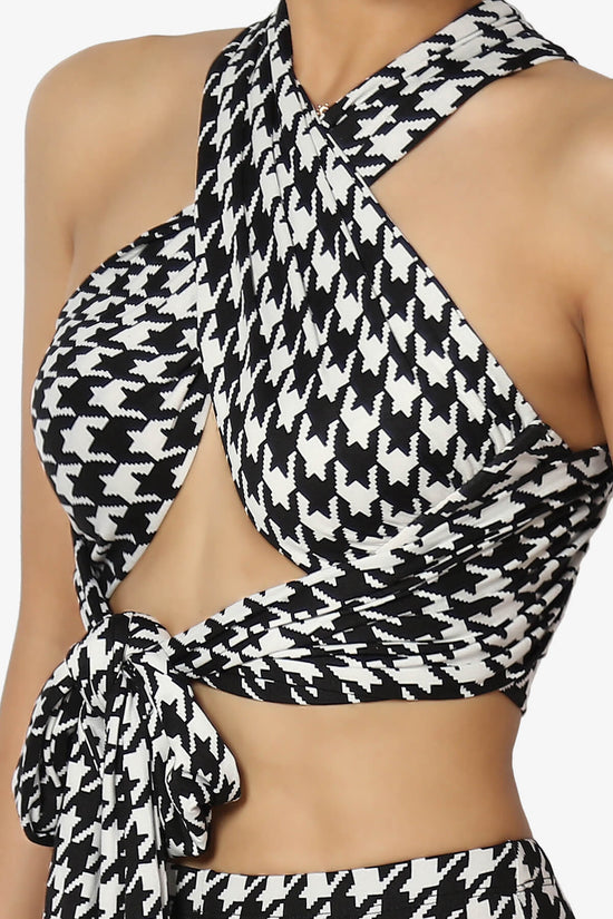 Keva Houndstooth Wrap Crop Top & Bell Bottom Pants SET BLACK AND WHITE_5