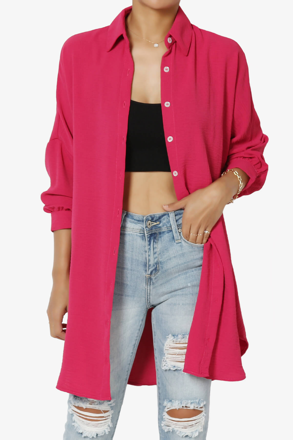 Load image into Gallery viewer, Landy Flowy Oversized Button Down Shirt HOT PINK_1
