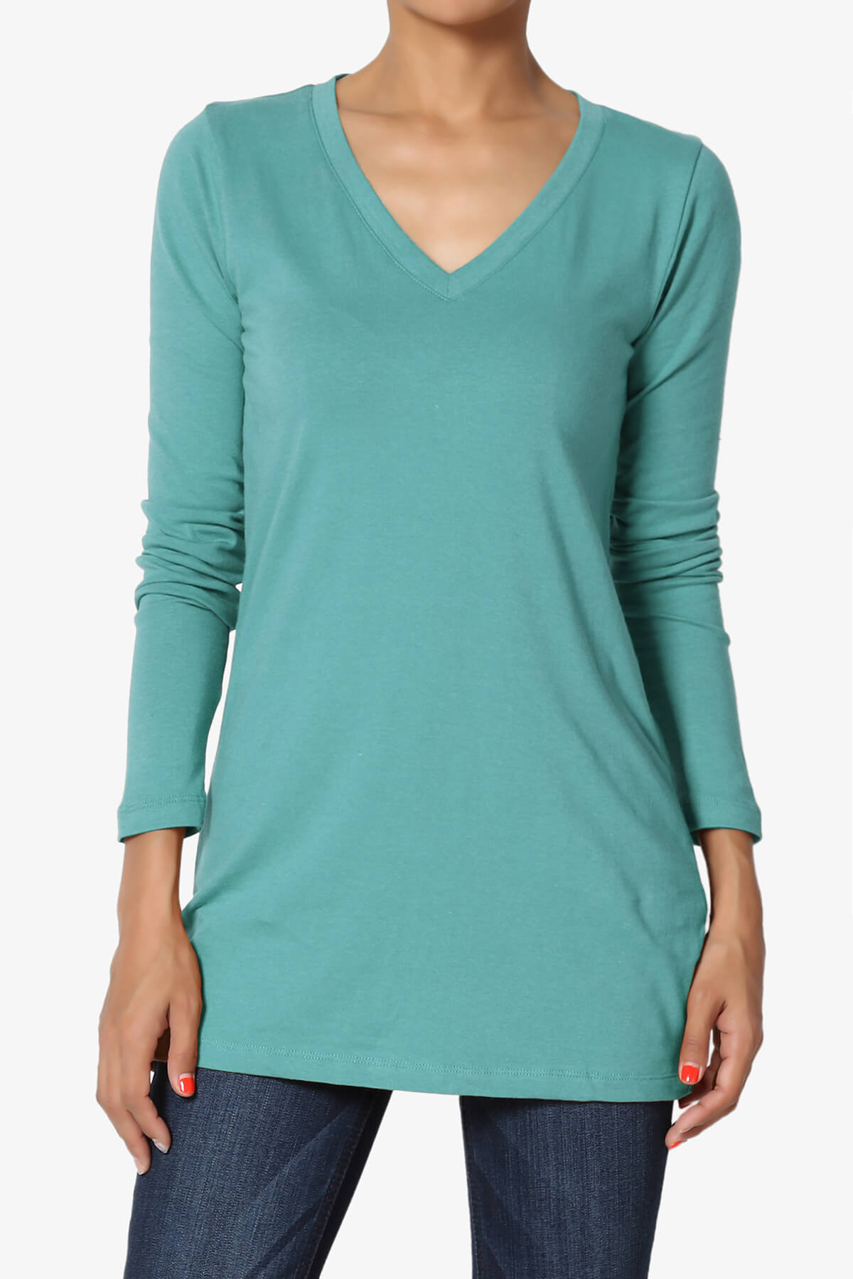Lasso Cotton V-Neck Long Sleeve Tee DUSTY TEAL_1