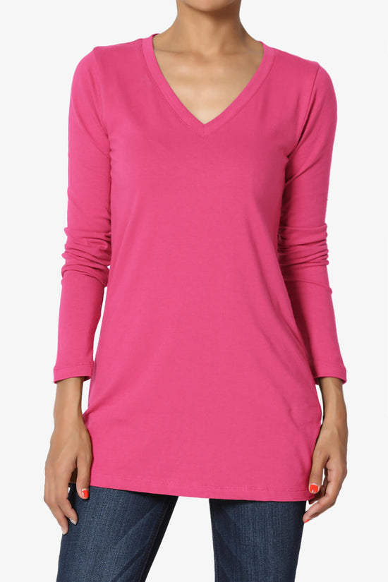 Lasso Cotton V-Neck Long Sleeve Tee HOT PINK_1