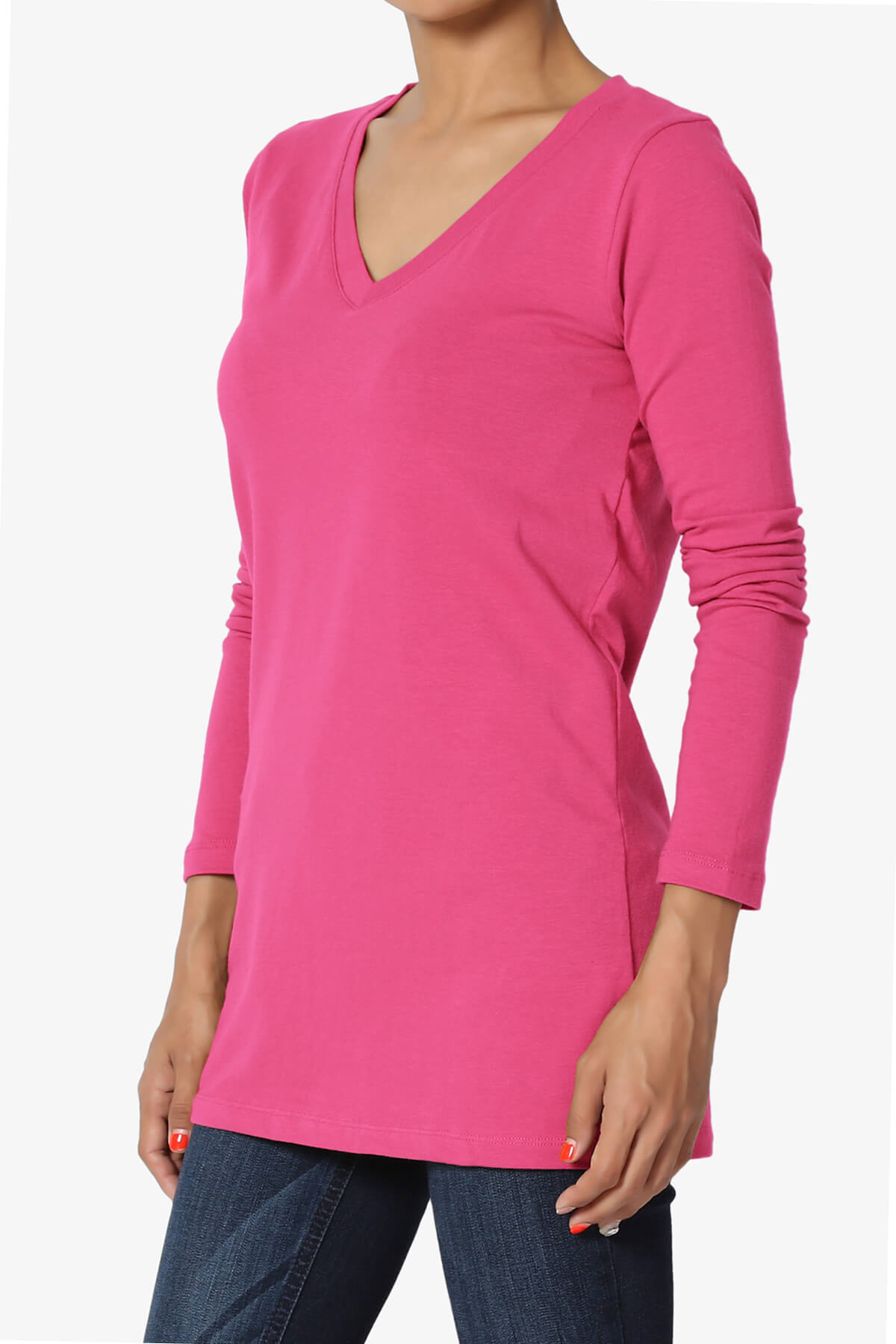 Lasso Cotton V-Neck Long Sleeve Tee HOT PINK_3