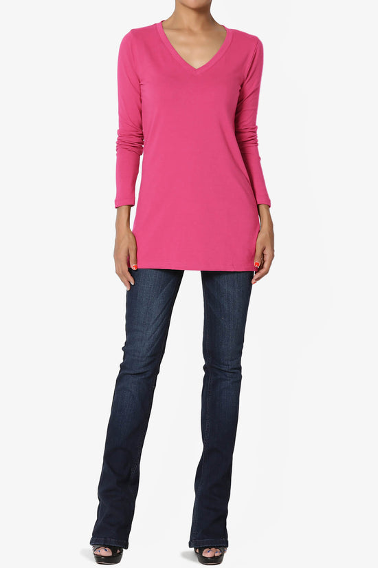 Lasso Cotton V-Neck Long Sleeve Tee HOT PINK_6