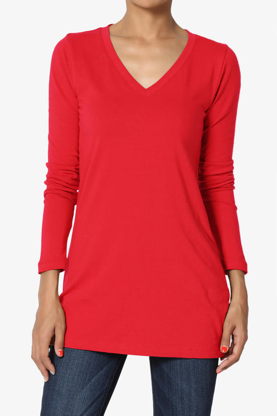 Lasso Cotton V-Neck Long Sleeve Tee RED_1
