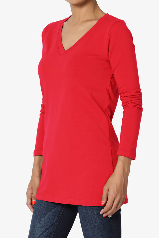 Lasso Cotton V-Neck Long Sleeve Tee RED_3