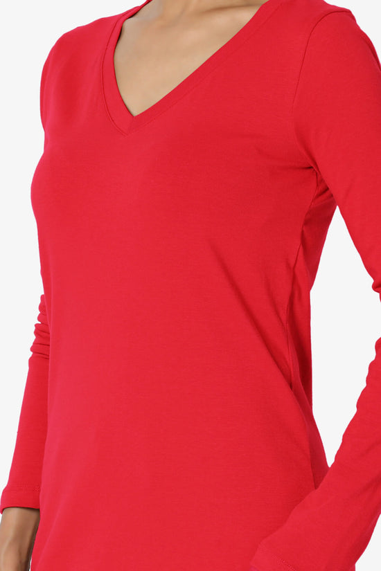 Lasso Cotton V-Neck Long Sleeve Tee RED_5