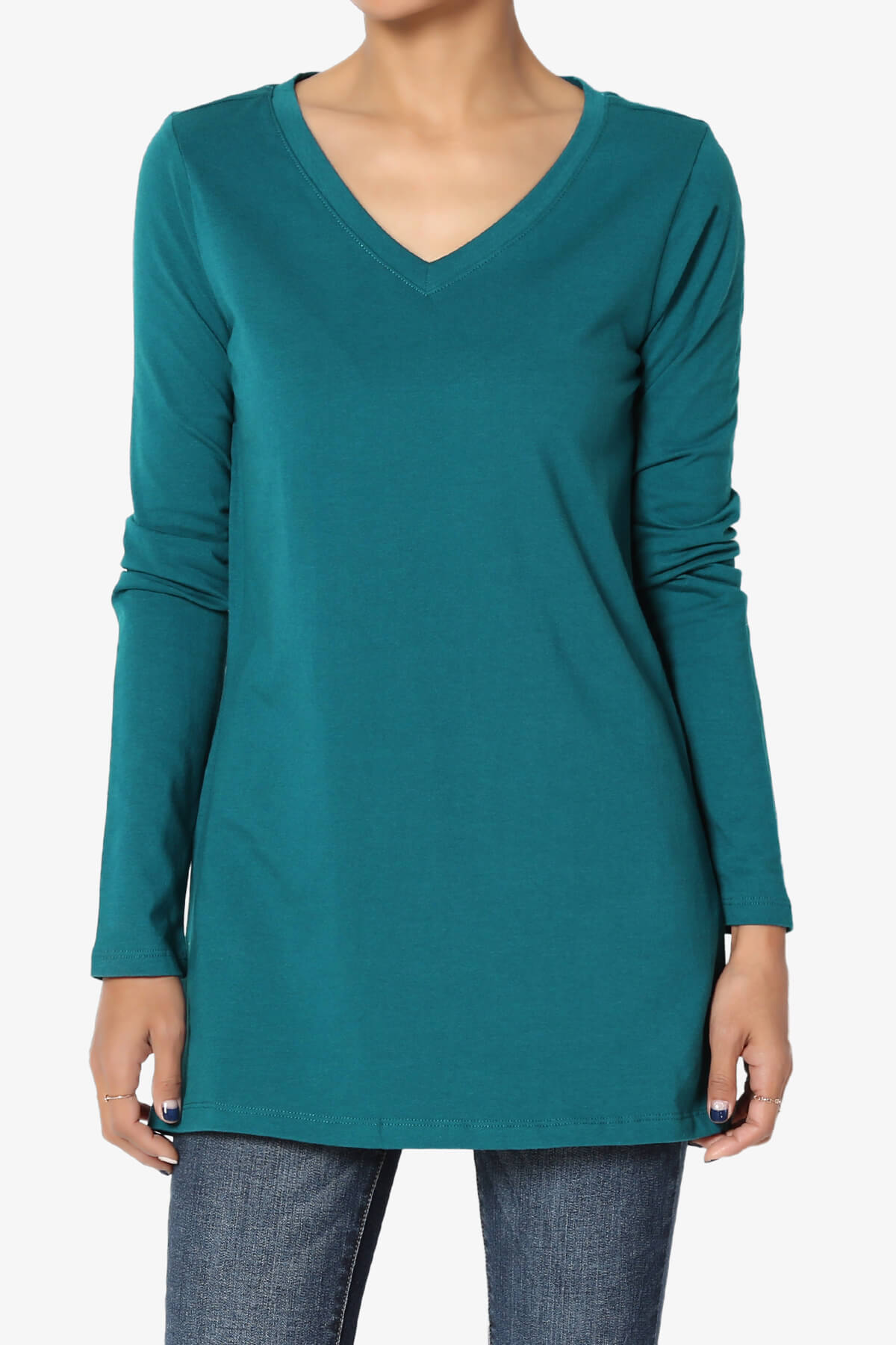 Lasso Cotton V-Neck Long Sleeve Tee TEAL_1