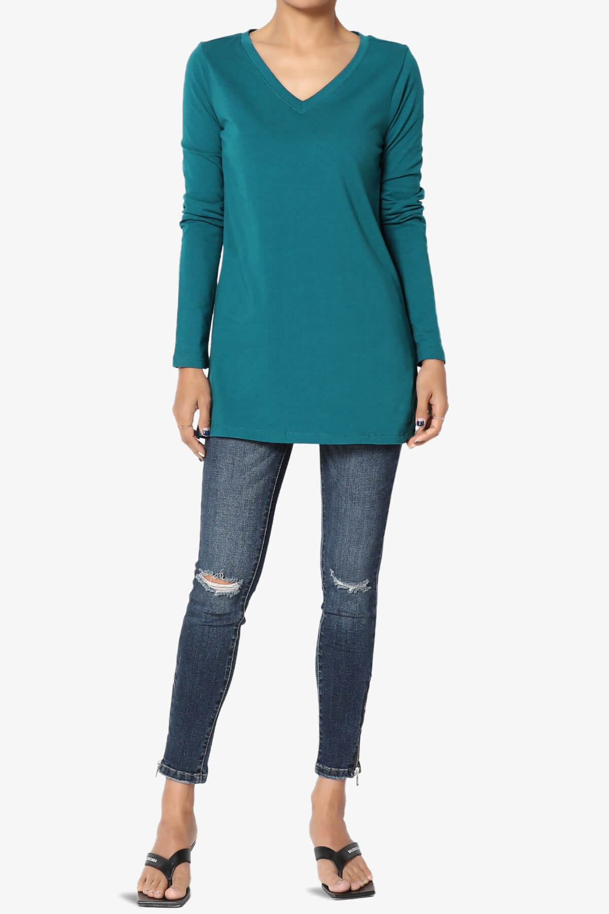 Lasso Cotton V-Neck Long Sleeve Tee TEAL_6