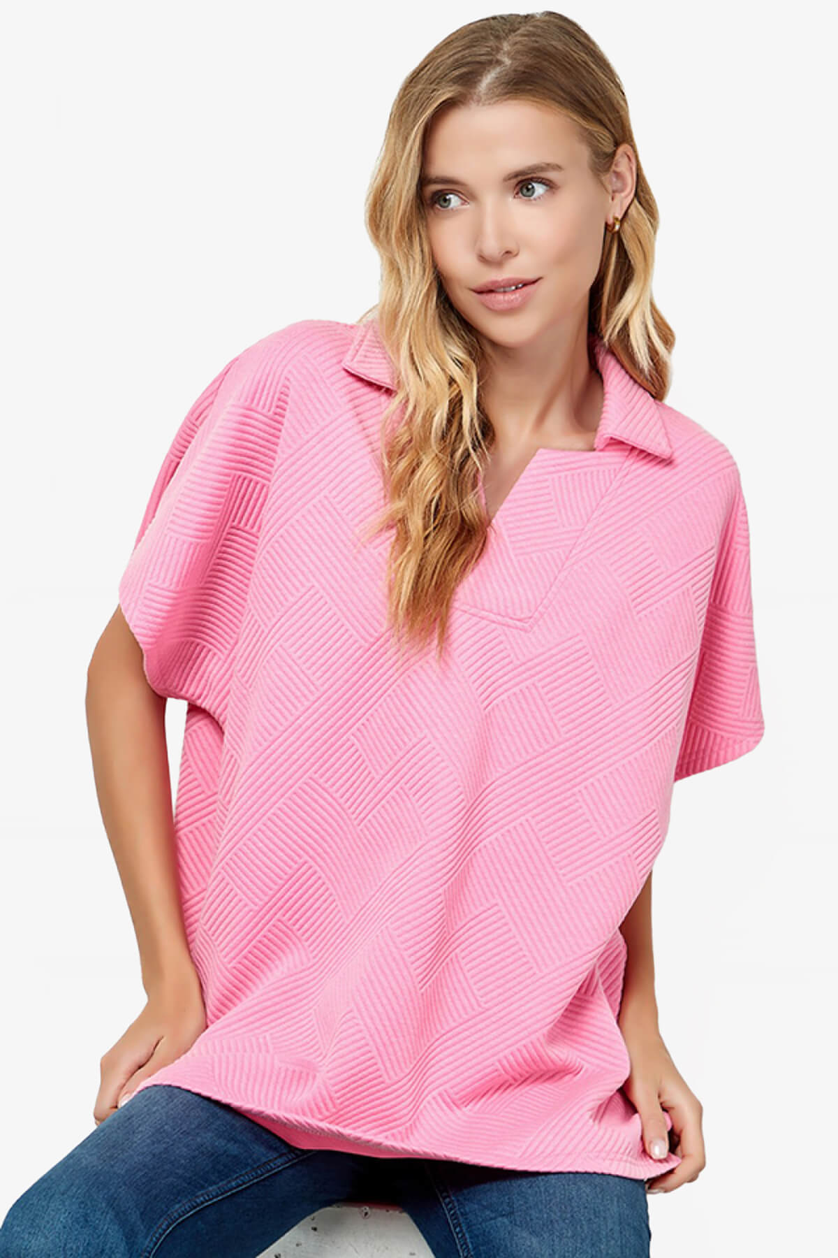 Load image into Gallery viewer, Lassy Short Sleeve Textured Polo Sweatshirt CANDY PINK_1
