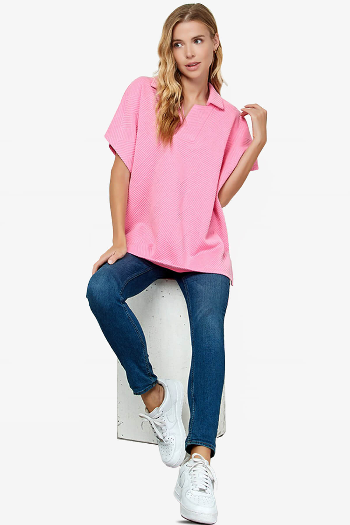 Load image into Gallery viewer, Lassy Short Sleeve Textured Polo Sweatshirt CANDY PINK_5

