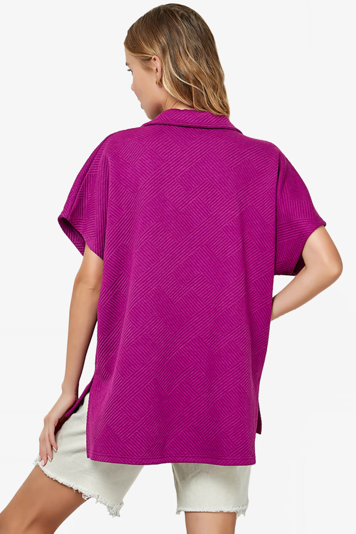 Lassy Short Sleeve Textured Polo Sweatshirt MAGENTA_2