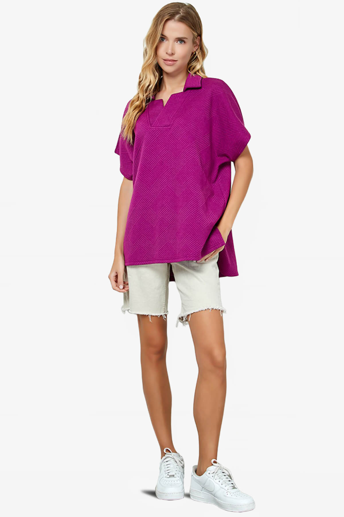 Lassy Short Sleeve Textured Polo Sweatshirt MAGENTA_5