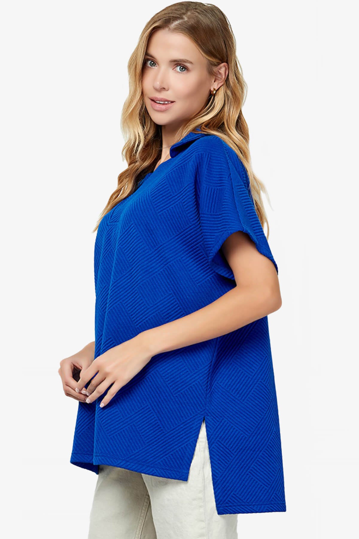 Lassy Short Sleeve Textured Polo Sweatshirt ROYAL BLUE_3