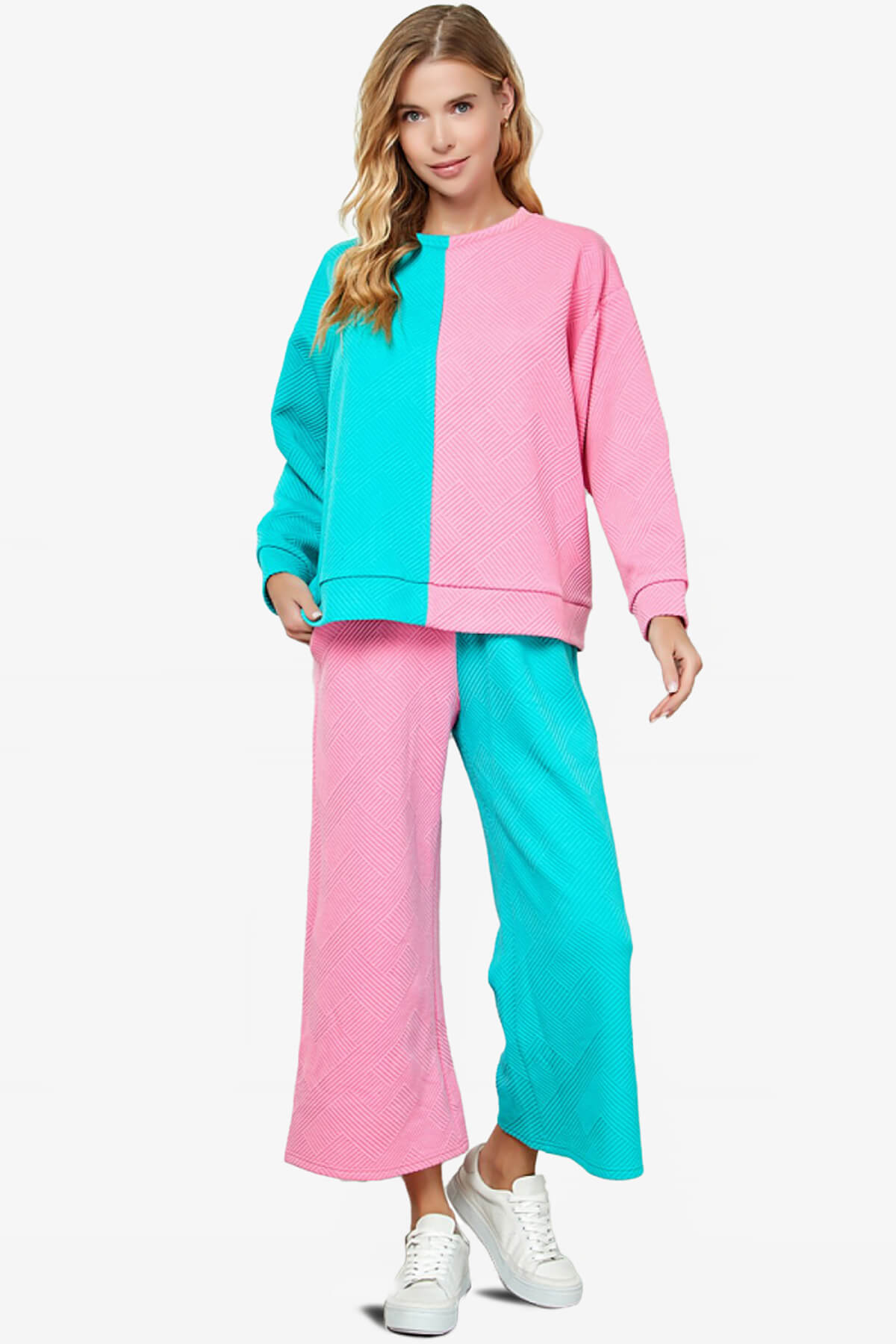 Load image into Gallery viewer, Lassy Textured Colorblock Lounge Culotte PINK AND BLUE_6
