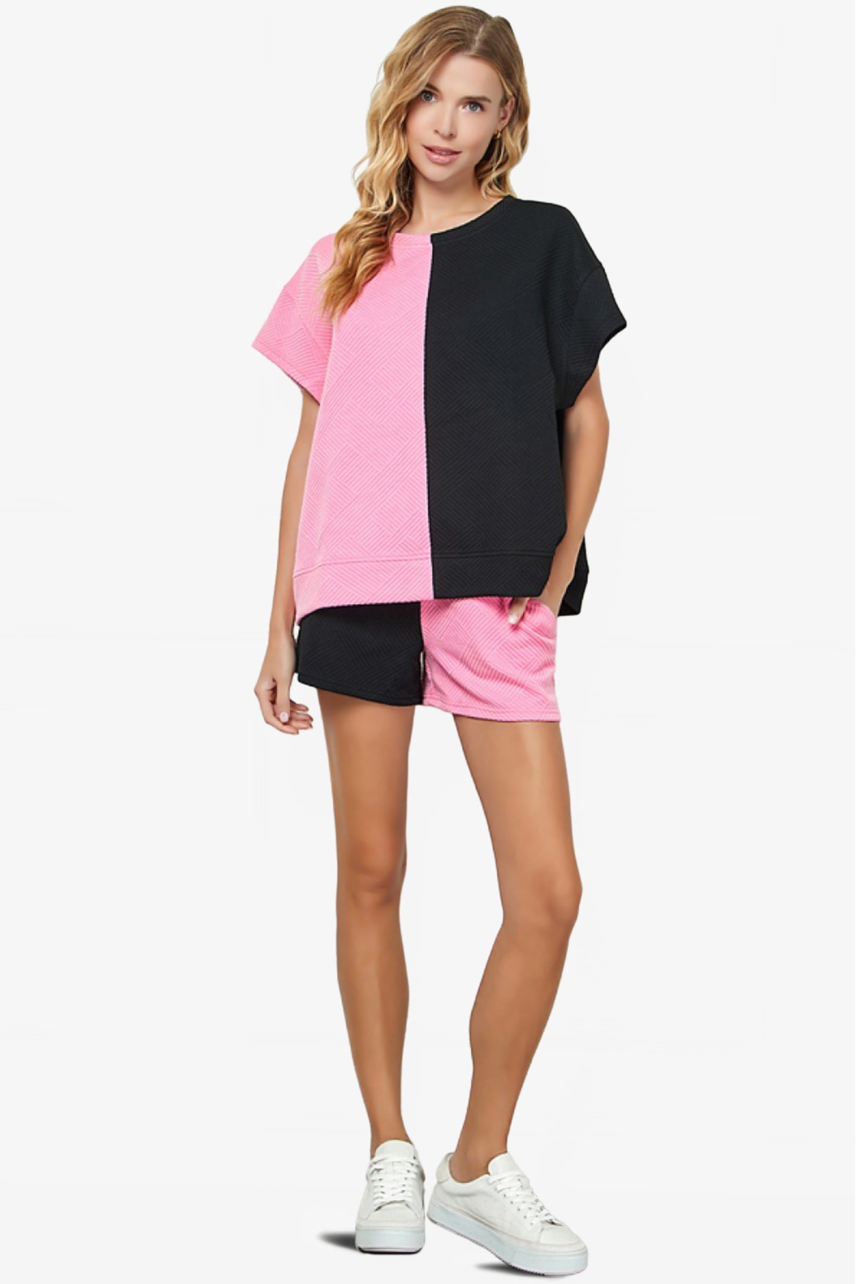 Lassy Textured Colorblock Pull On Shorts BLACK AND PINK_6