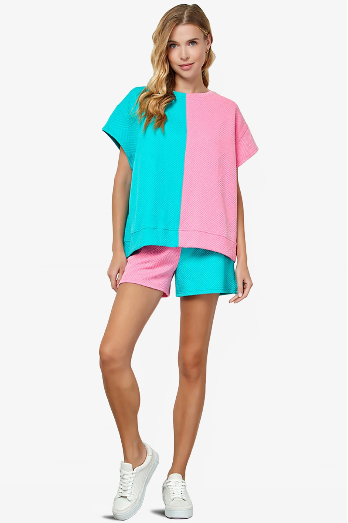 Lassy Textured Colorblock Pull On Shorts PINK AND BLUE_6