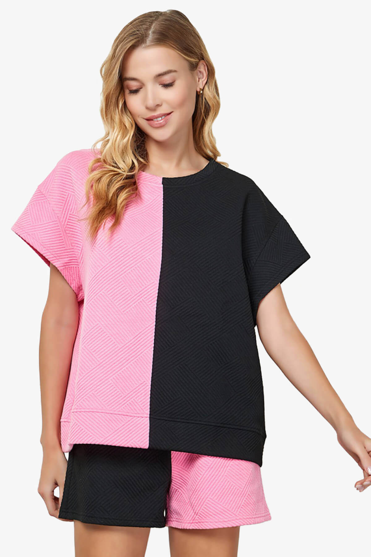 Load image into Gallery viewer, Lassy Textured Colorblock Short Sleeve Top BLACK AND PINK_1
