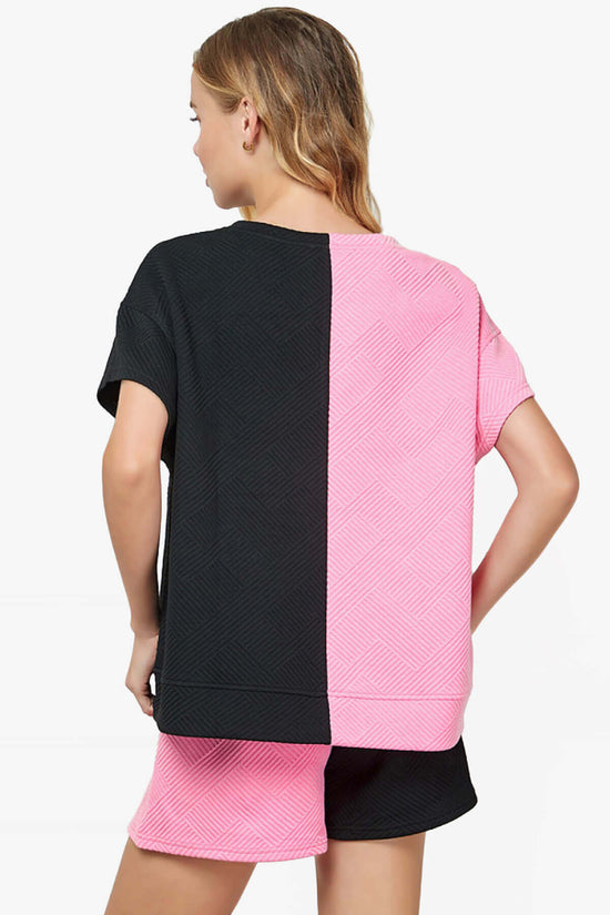 Lassy Textured Colorblock Short Sleeve Top BLACK AND PINK_2