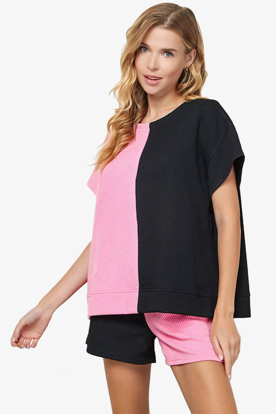 Lassy Textured Colorblock Short Sleeve Top BLACK AND PINK_3