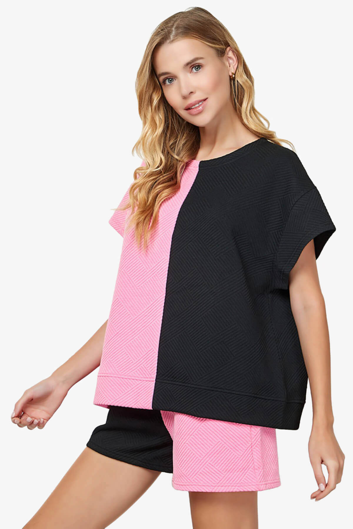 Lassy Textured Colorblock Short Sleeve Top BLACK AND PINK_4