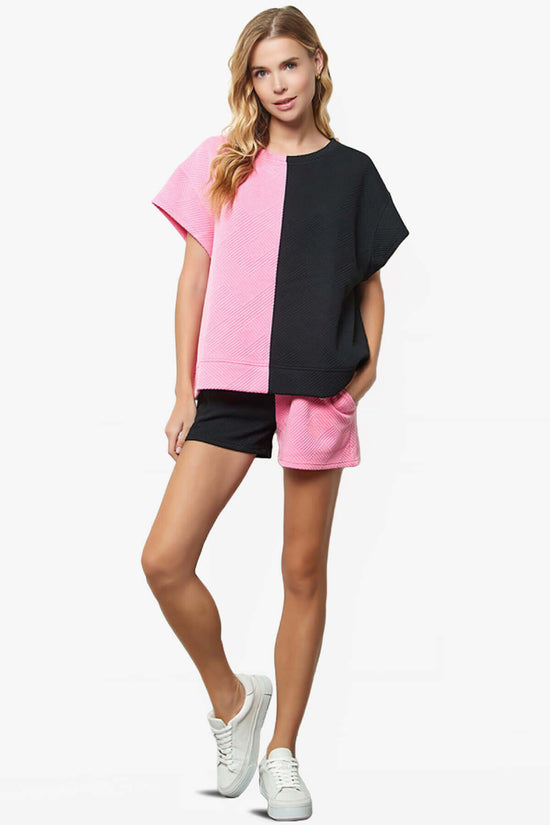 Lassy Textured Colorblock Short Sleeve Top BLACK AND PINK_6