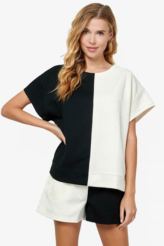 Lassy Textured Colorblock Short Sleeve Top BLACK AND WHITE_4