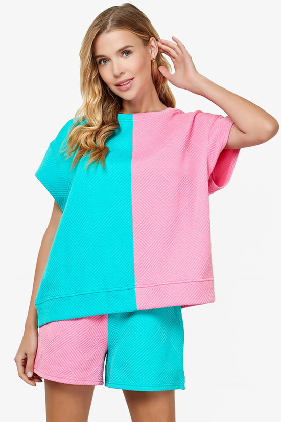 Lassy Textured Colorblock Short Sleeve Top PINK AND BLUE_1