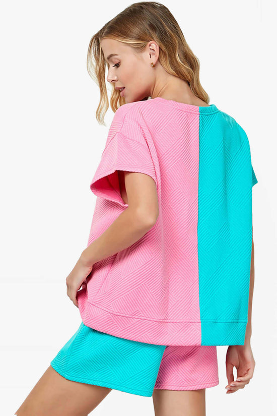 Lassy Textured Colorblock Short Sleeve Top PINK AND BLUE_2