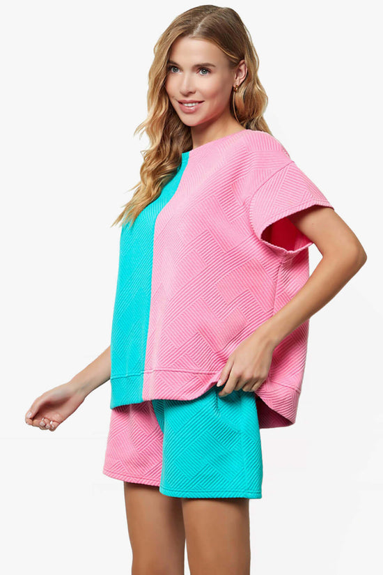 Lassy Textured Colorblock Short Sleeve Top PINK AND BLUE_3