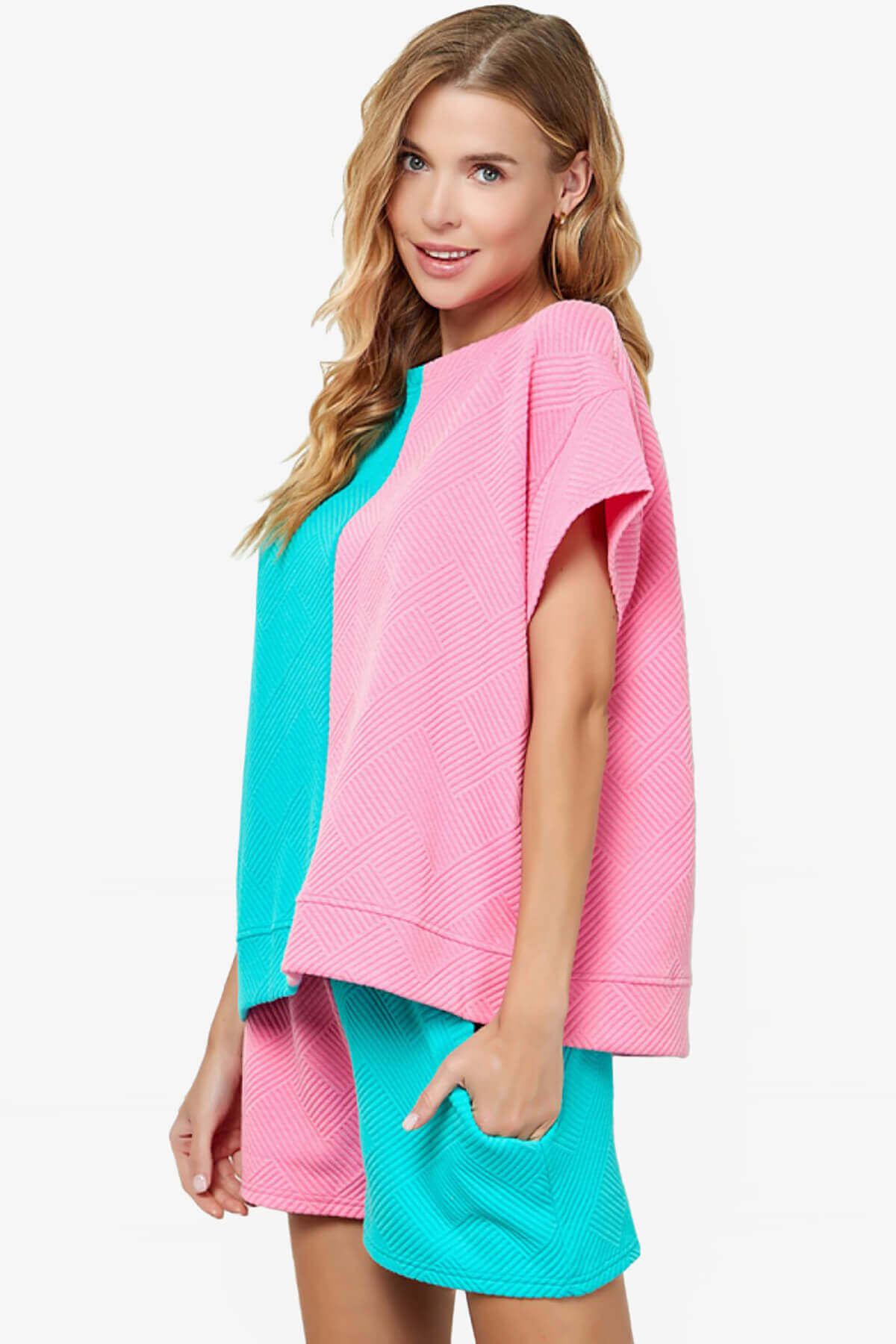 Load image into Gallery viewer, Lassy Textured Colorblock Short Sleeve Top PINK AND BLUE_4
