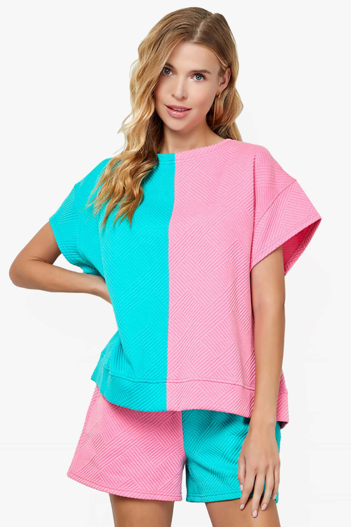 Lassy Textured Colorblock Short Sleeve Top PINK AND BLUE_5
