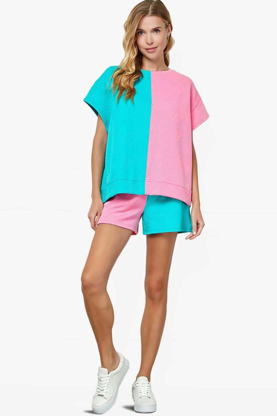 Lassy Textured Colorblock Short Sleeve Top PINK AND BLUE_6