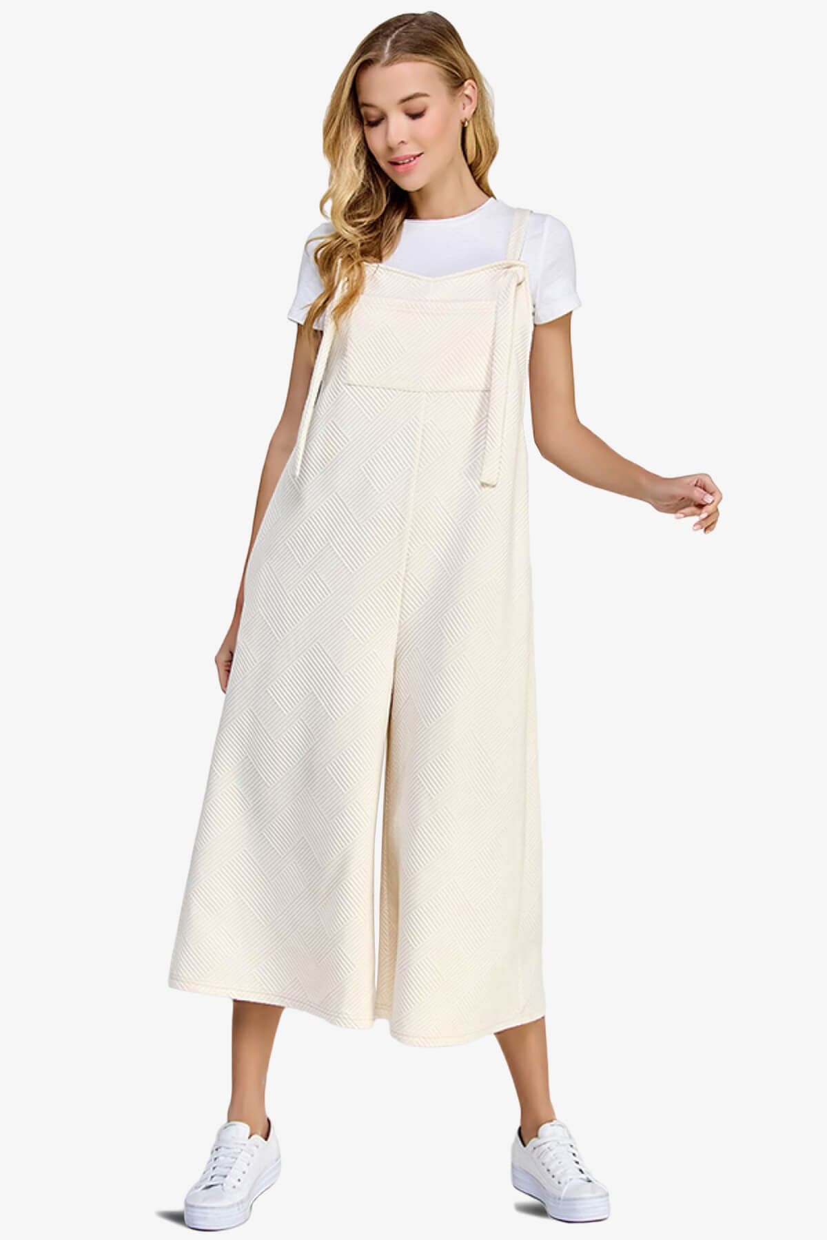 Load image into Gallery viewer, Lassy Textured Cropped Wide Leg Overall Pants CREAM_1
