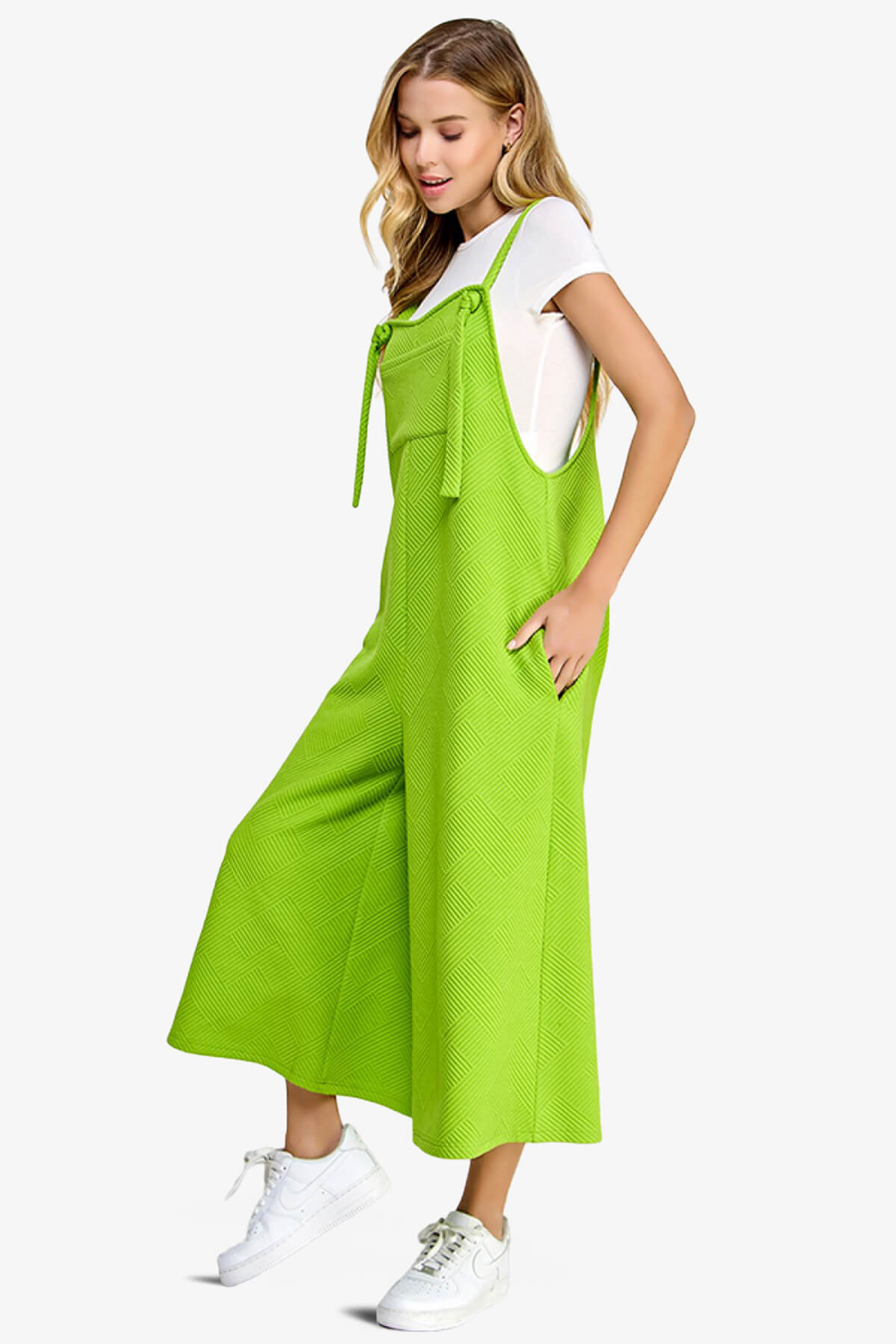 Load image into Gallery viewer, Lassy Textured Cropped Wide Leg Overall Pants LIME_4
