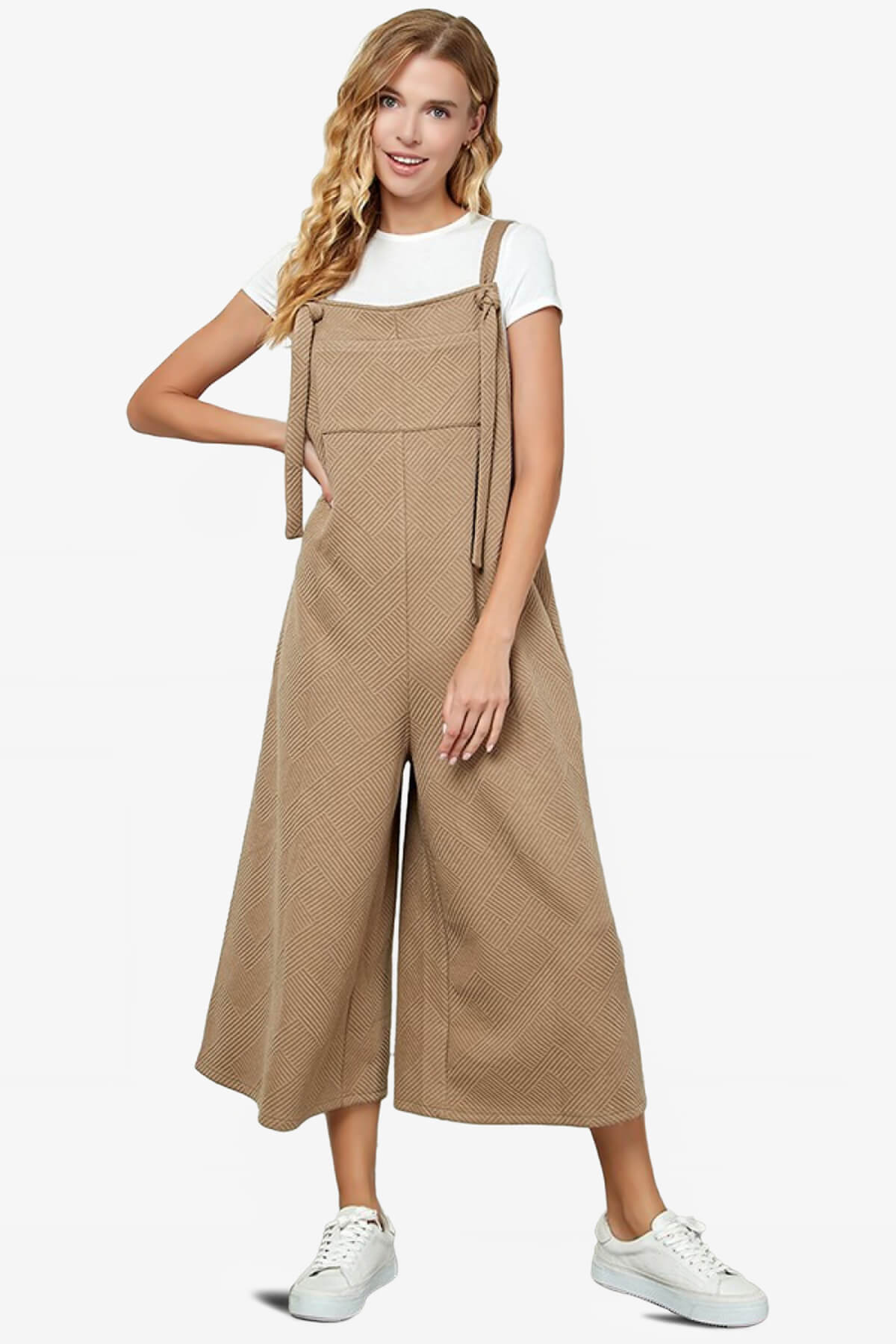 Lassy Textured Cropped Wide Leg Overall Pants TAN_1