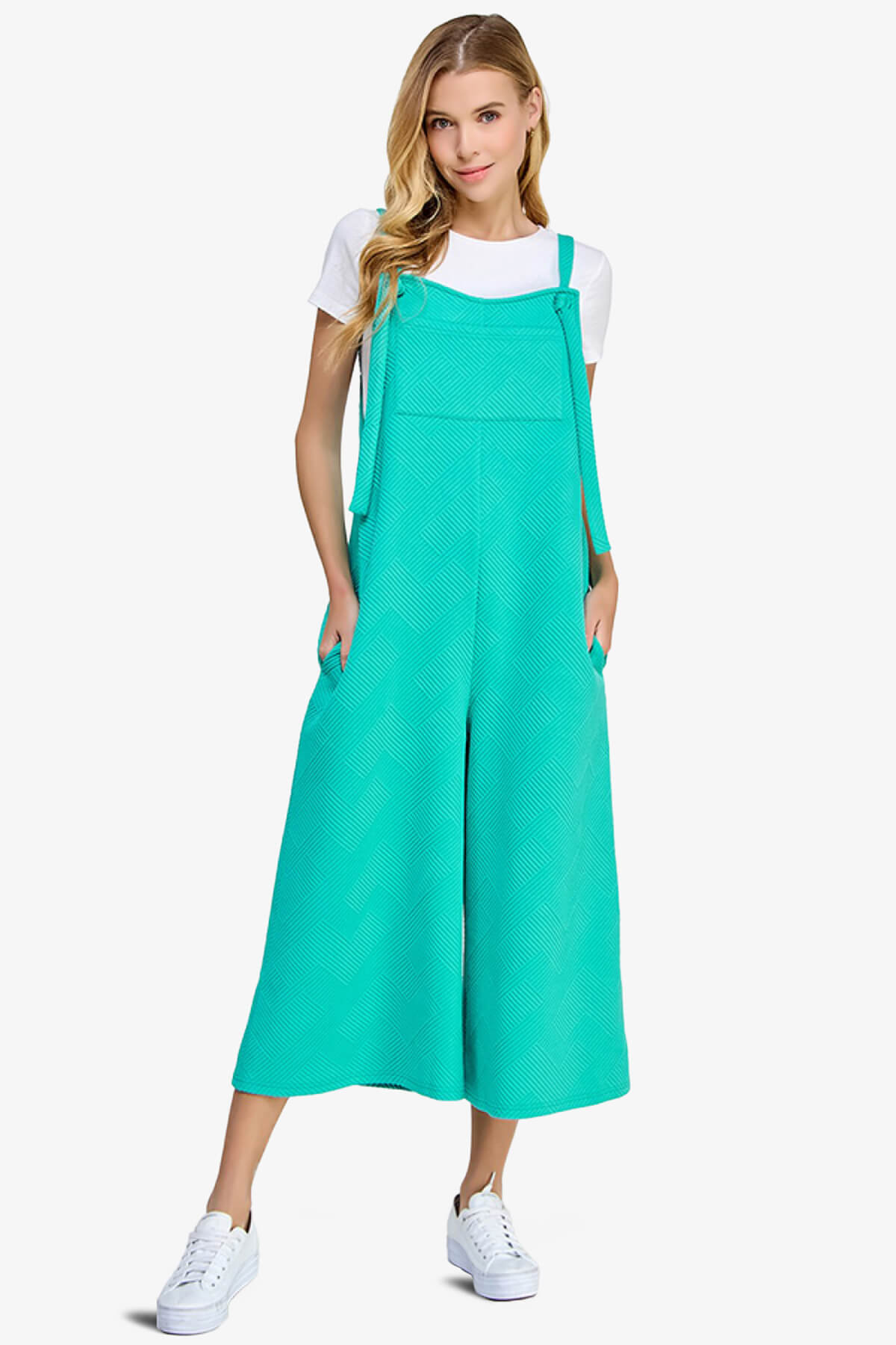 Load image into Gallery viewer, Lassy Textured Cropped Wide Leg Overall Pants TURQUOISE_1
