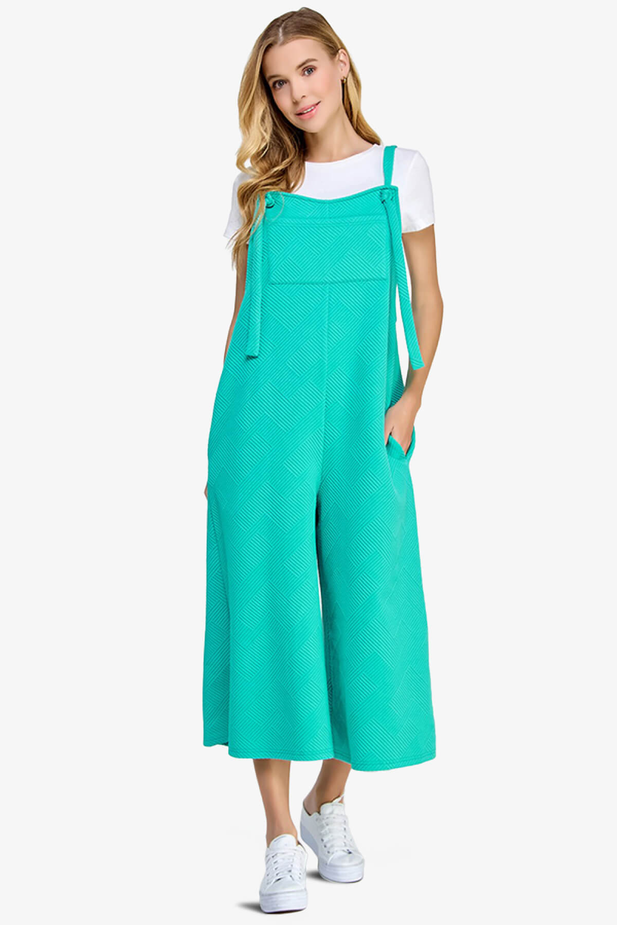 Load image into Gallery viewer, Lassy Textured Cropped Wide Leg Overall Pants TURQUOISE_4
